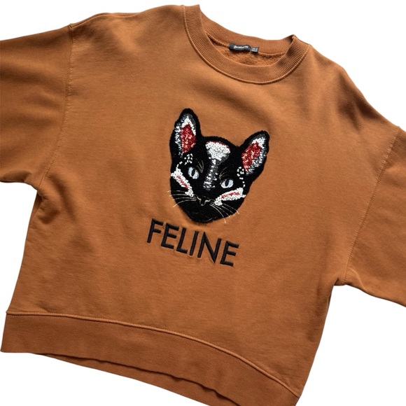stradivarius Tops - Stradivarius Rust Boxy Sweatshirt with Sequin and Bead Embellished Cat “Feline”